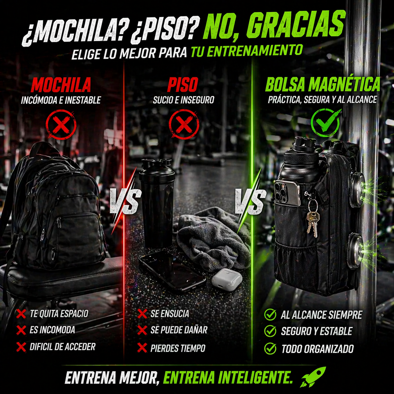 ¿Cansado del desorden en el gym? Ya no mas eso con el Bolso Magnetico